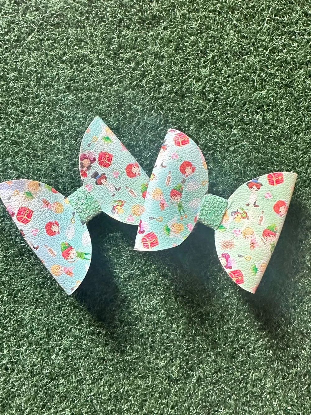 Kids Mint Green Peter Pan inspired  Print Hair Bow - Cute Girls' Accessory